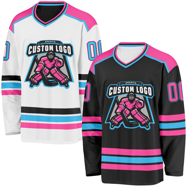 Custom Black Pink-Sky Blue Reversible Double Side Hockey Jersey