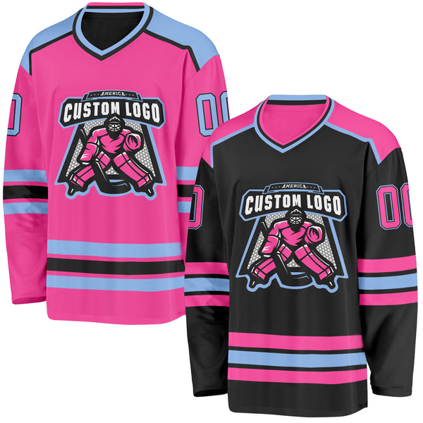 Custom Black Pink-Light Blue Reversible Double Side Hockey Jersey