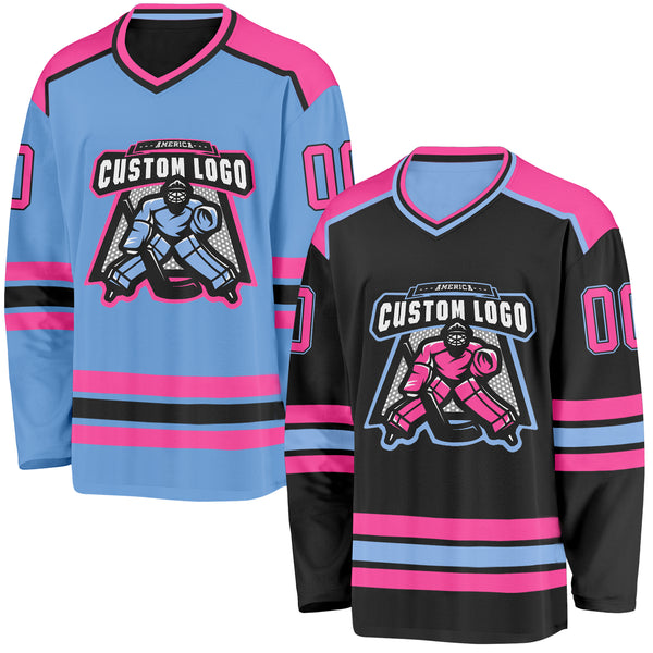 Custom Black Pink-Light Blue Reversible Double Side Hockey Jersey