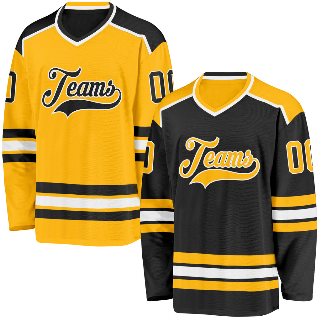 Custom Black Gold-White Reversible Double Side Hockey Jersey