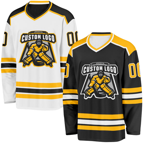 Custom Black Gold-White Reversible Double Side Hockey Jersey