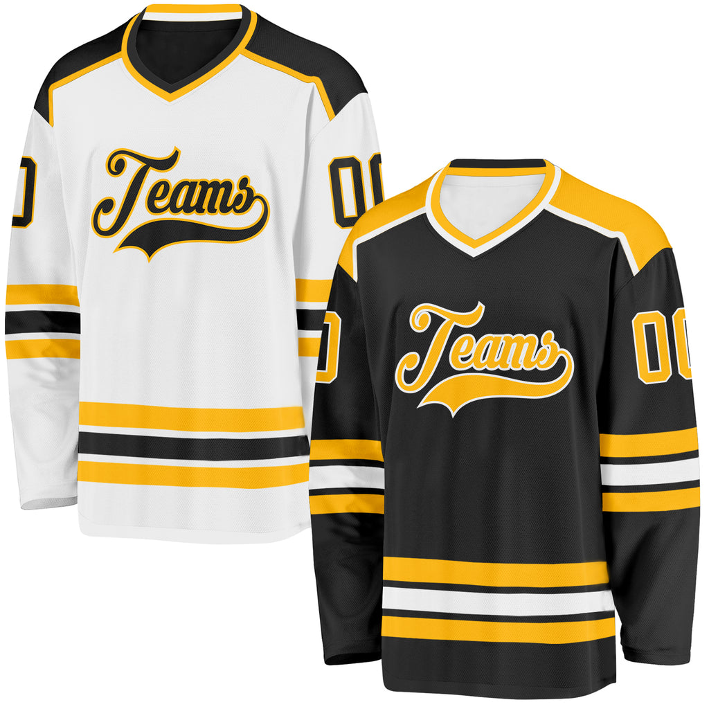 Custom Black Gold-White Reversible Double Side Hockey Jersey