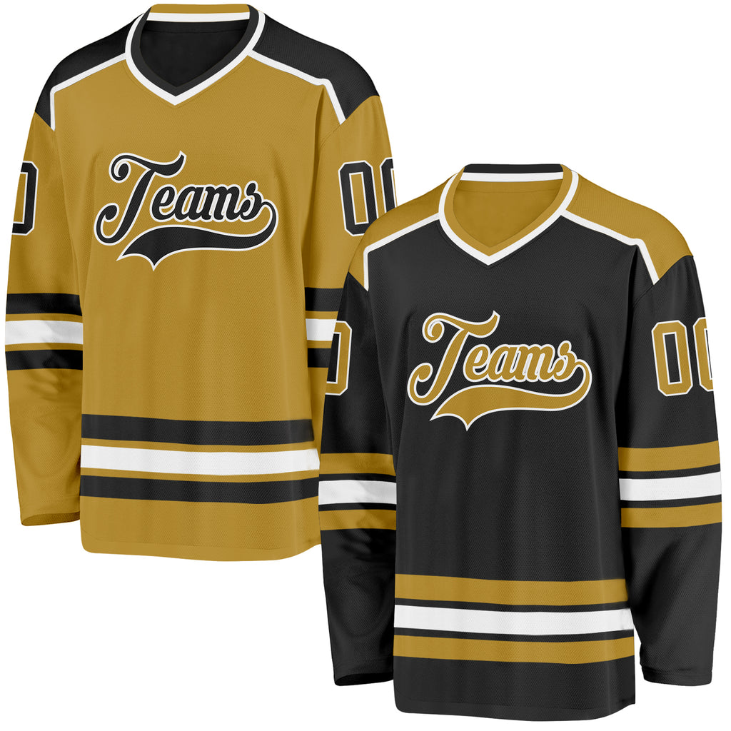 Custom Black Old Gold-White Reversible Double Side Hockey Jersey