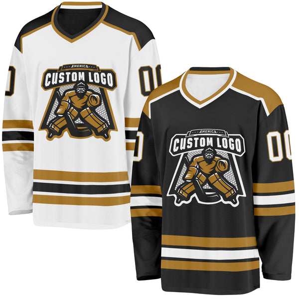 Custom Black White-Old Gold Reversible Double Side Hockey Jersey