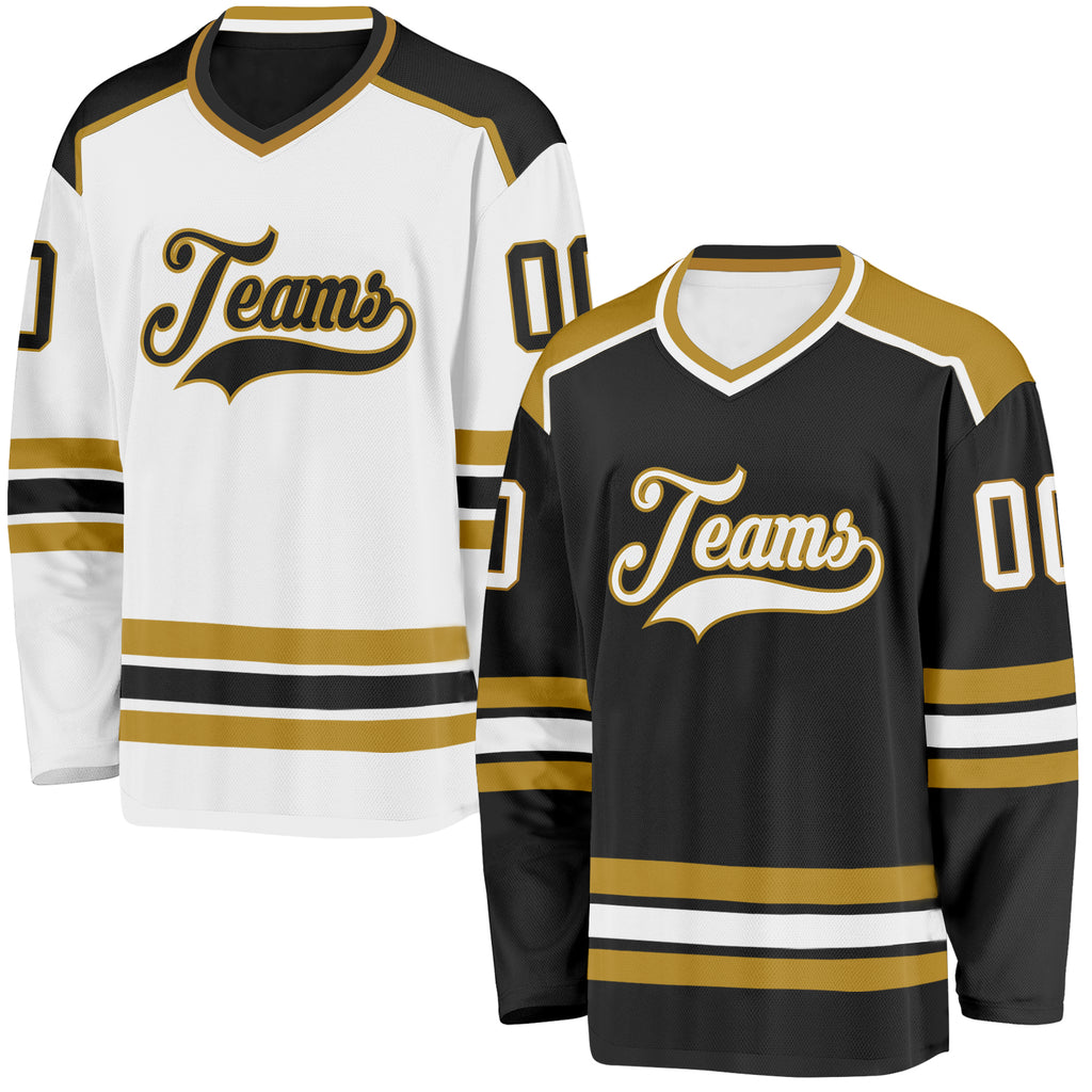 Custom Black White-Old Gold Reversible Double Side Hockey Jersey