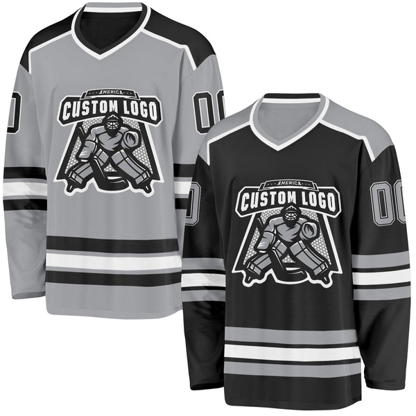 Custom Black Gray-White Reversible Double Side Hockey Jersey