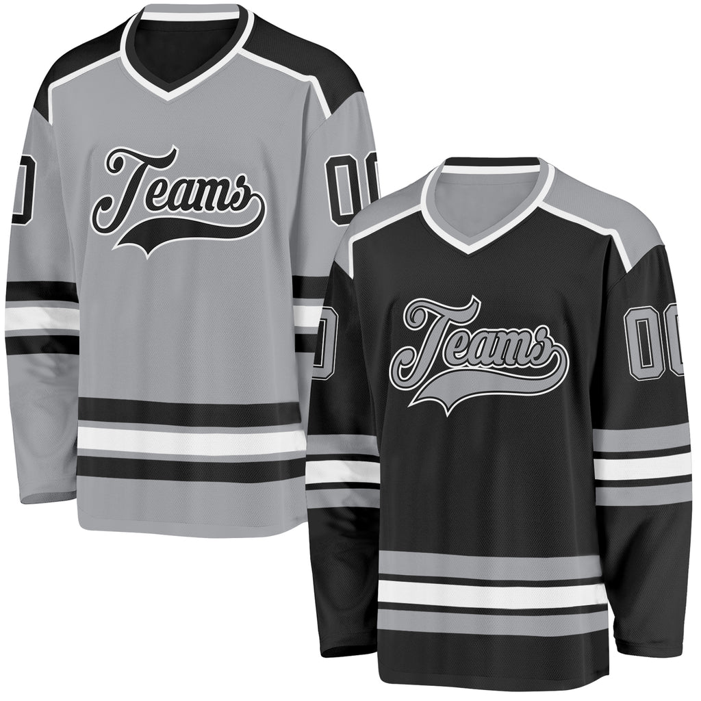 Custom Black Gray-White Reversible Double Side Hockey Jersey