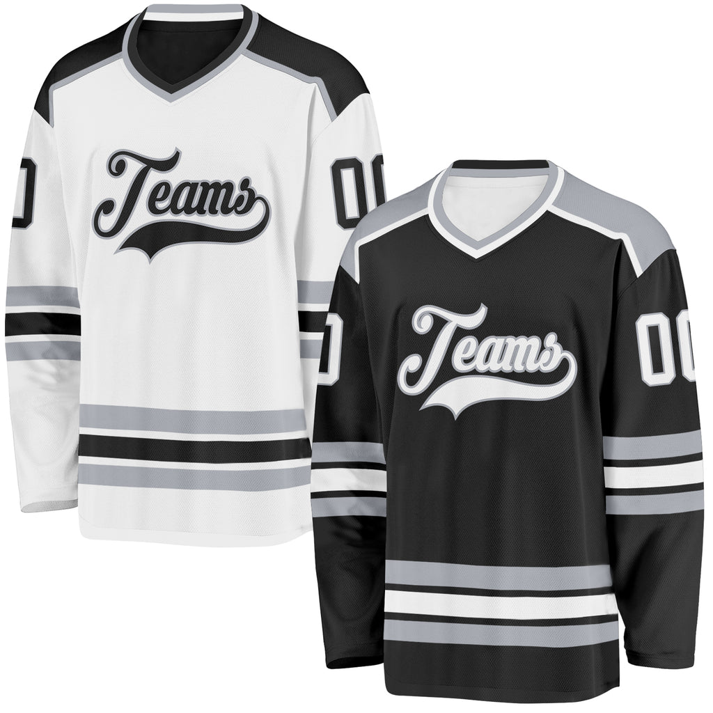 Custom Black White-Gray Reversible Double Side Hockey Jersey