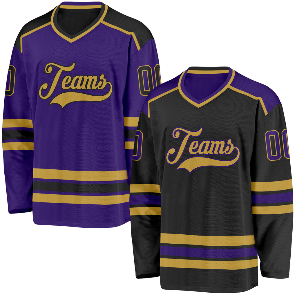 Custom Black Purple-Old Gold Reversible Double Side Hockey Jersey