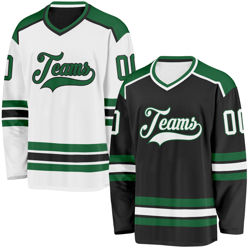 Custom Black White-Kelly Green Reversible Double Side Hockey Jersey