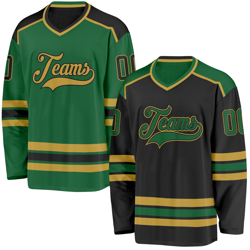 Custom Black Kelly Green-Old Gold Reversible Double Side Hockey Jersey