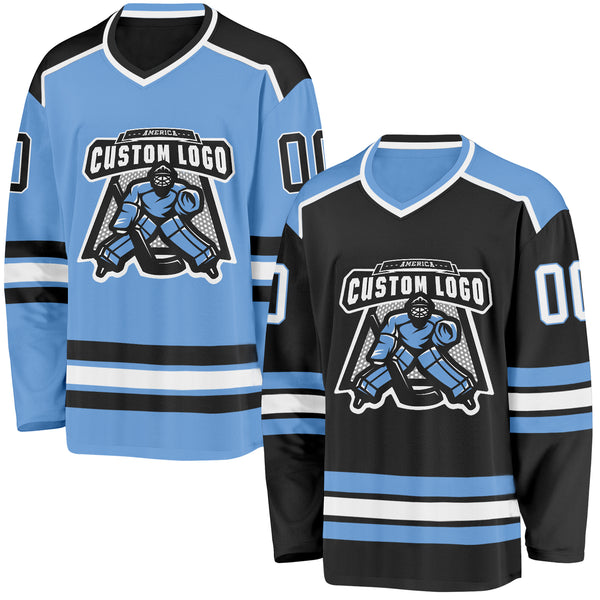 Custom Black White-Light Blue Reversible Double Side Hockey Jersey