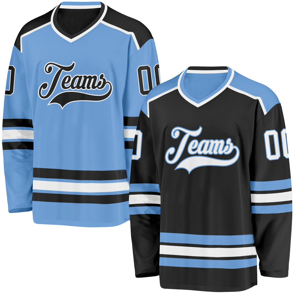 Custom Black White-Light Blue Reversible Double Side Hockey Jersey