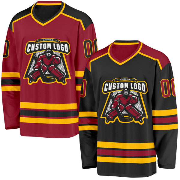 Custom Black Maroon-Gold Reversible Double Side Hockey Jersey