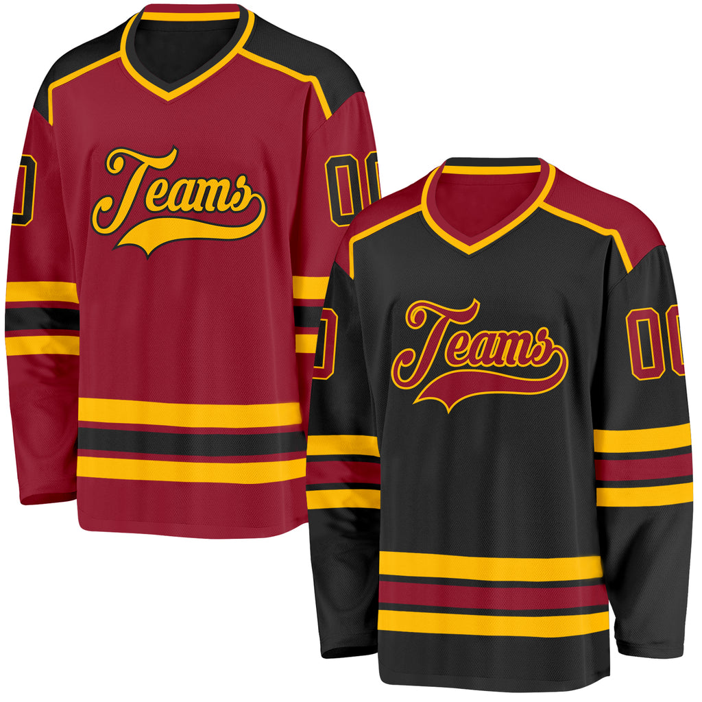 Custom Black Maroon-Gold Reversible Double Side Hockey Jersey