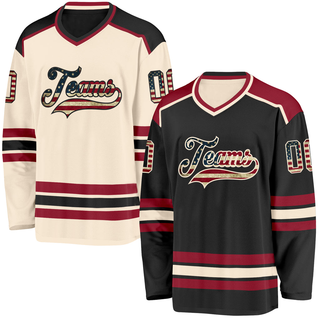 Custom Black Vintage USA Flag Cream-Maroon Reversible Double Side Hockey Jersey