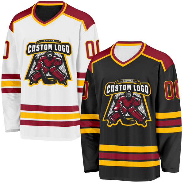 Custom Black Maroon-Gold Reversible Double Side Hockey Jersey