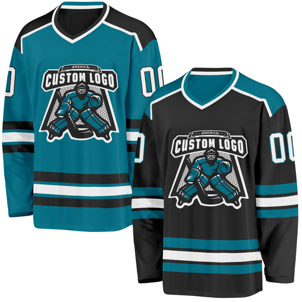 Custom Black White-Teal Reversible Double Side Hockey Jersey