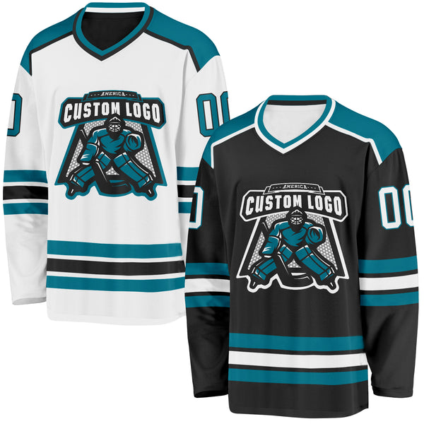Custom Black White-Teal Reversible Double Side Hockey Jersey