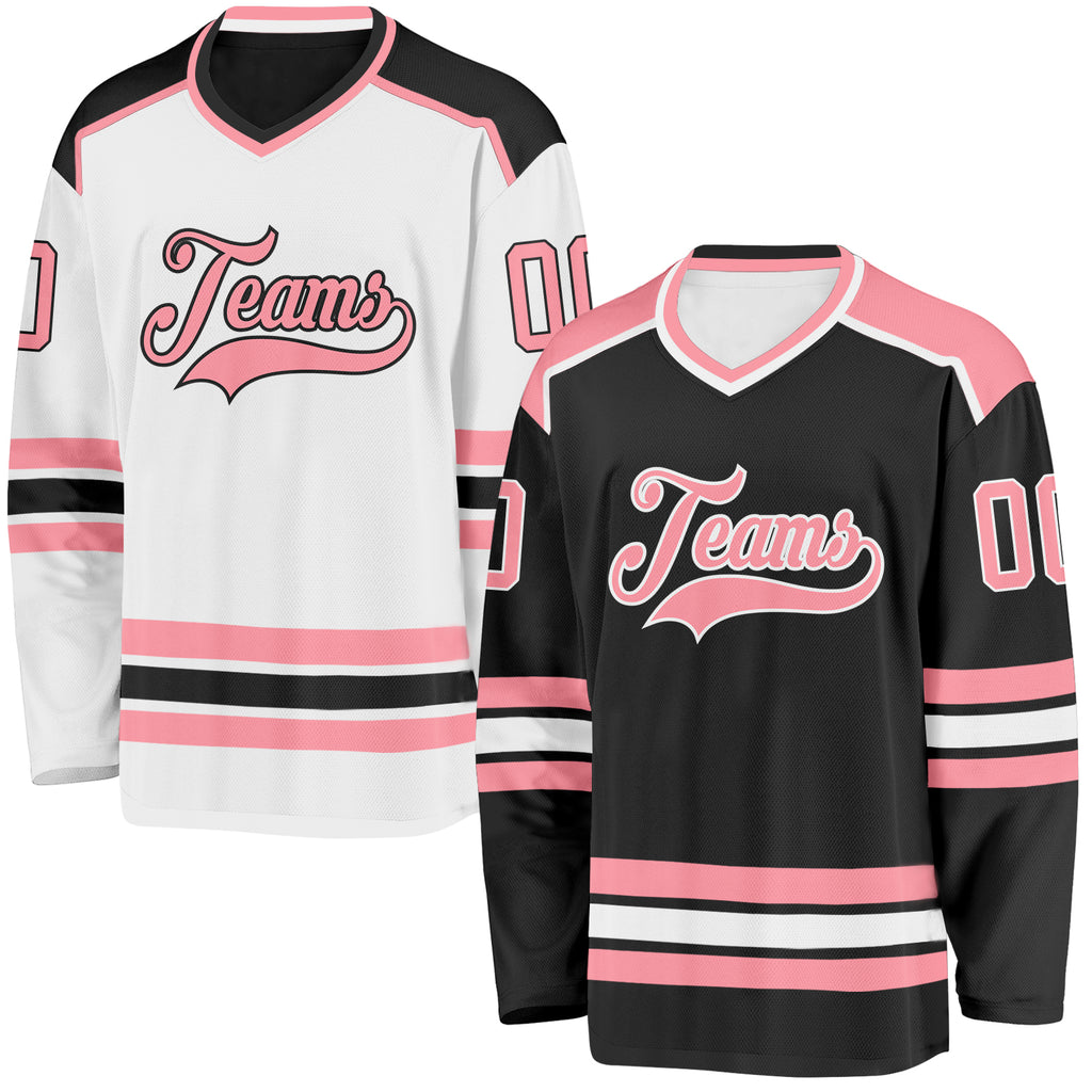 Custom Black Medium Pink-White Reversible Double Side Hockey Jersey