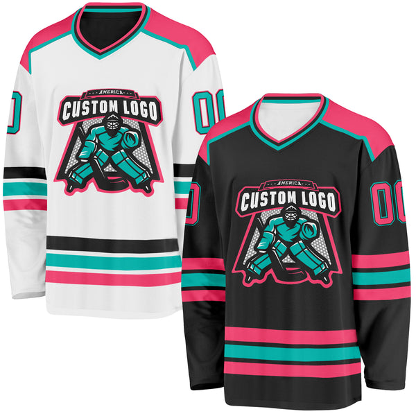 Custom Black Neon Pink-Aqua Reversible Double Side Hockey Jersey