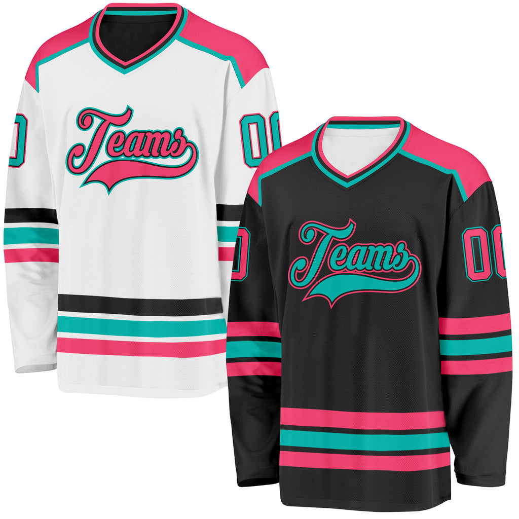 Custom Black Neon Pink-Aqua Reversible Double Side Hockey Jersey