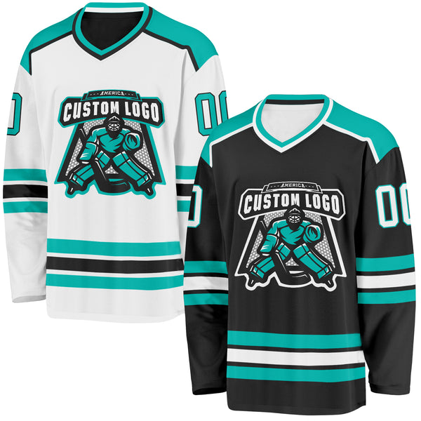 Custom Black White-Aqua Reversible Double Side Hockey Jersey