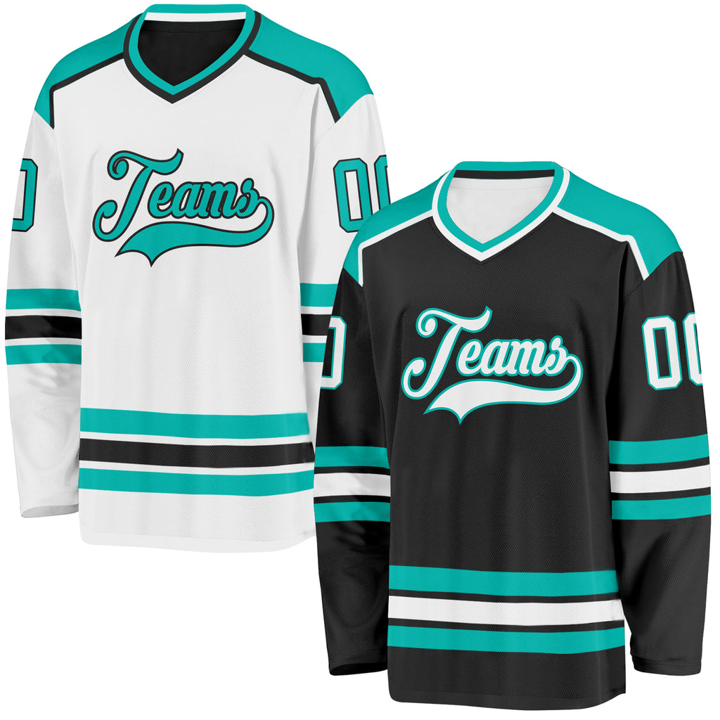 Custom Black White-Aqua Reversible Double Side Hockey Jersey
