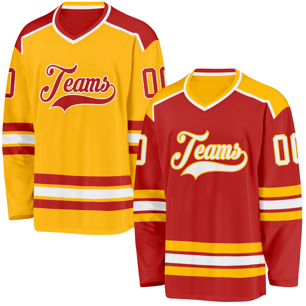 Custom Red White-Gold Reversible Double Side Hockey Jersey