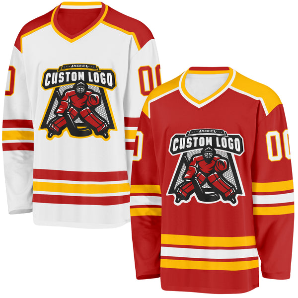 Custom Red White-Gold Reversible Double Side Hockey Jersey