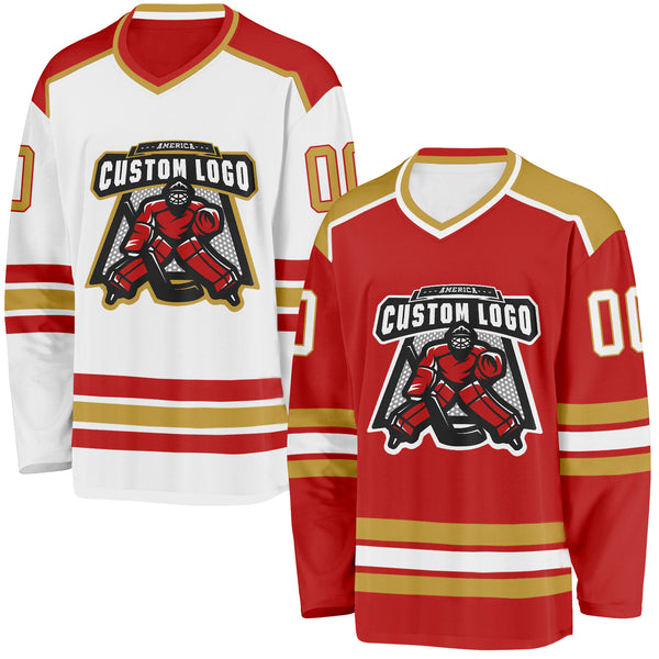 Custom Red White-Old Gold Reversible Double Side Hockey Jersey