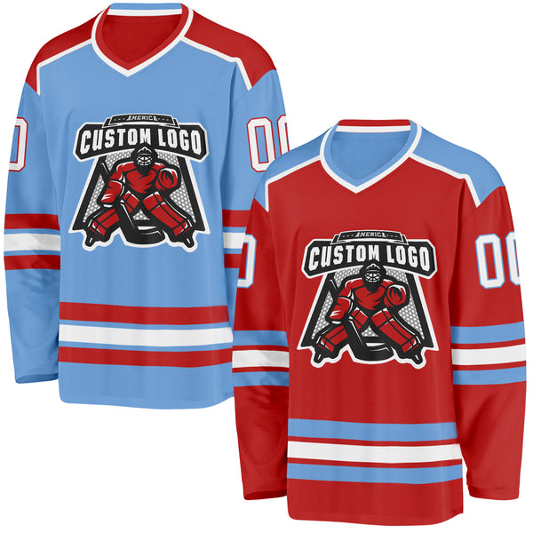 Custom Red White-Light Blue Reversible Double Side Hockey Jersey