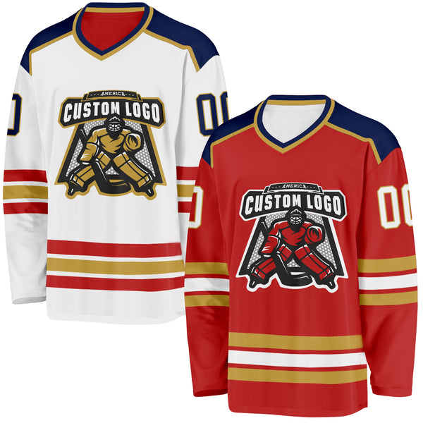 Custom Red White Old Gold-Navy Reversible Double Side Hockey Jersey