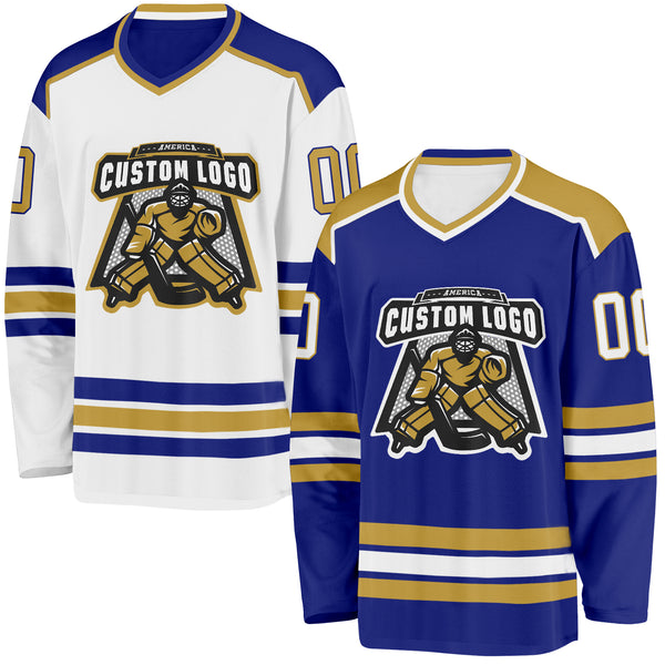 Custom Royal White-Old Gold Reversible Double Side Hockey Jersey