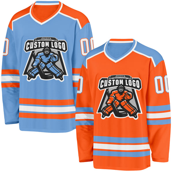 Custom Orange White-Light Blue Reversible Double Side Hockey Jersey