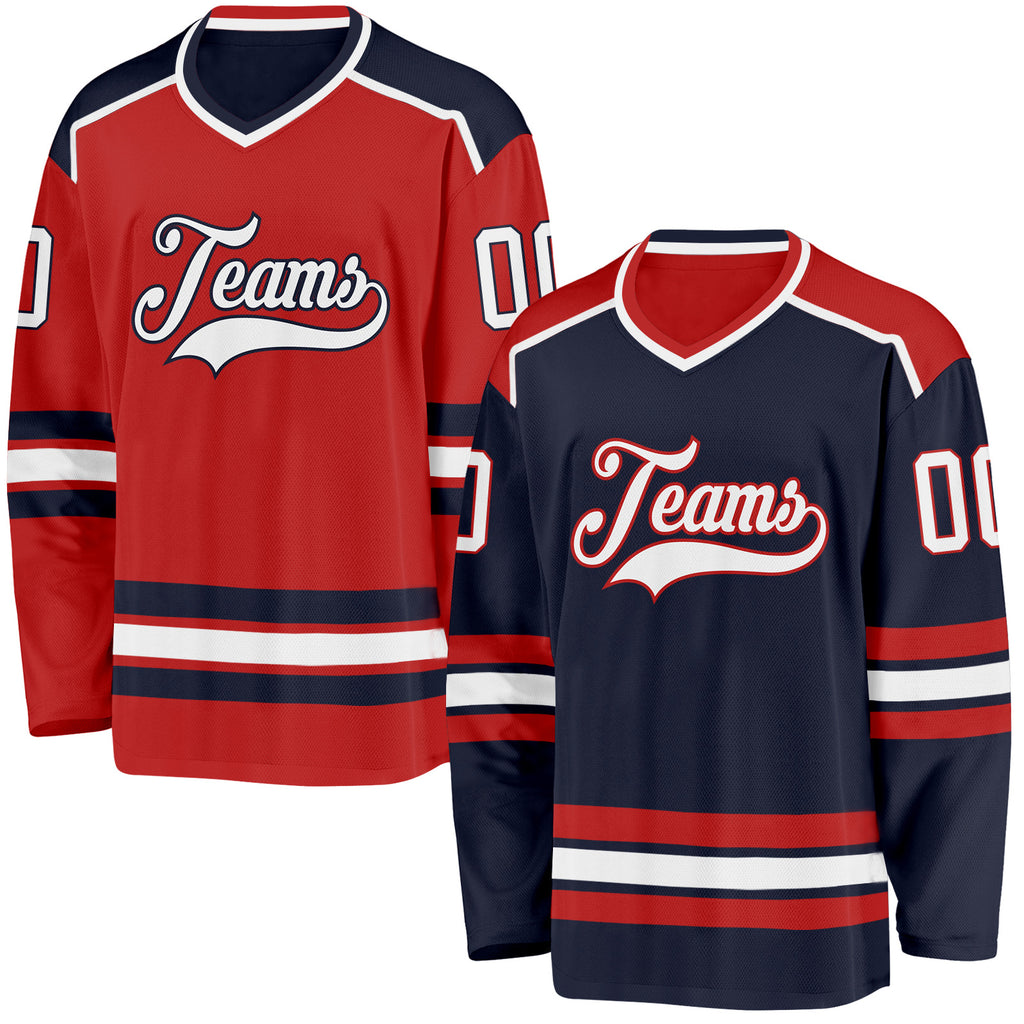 Custom Navy White-Red Reversible Double Side Hockey Jersey