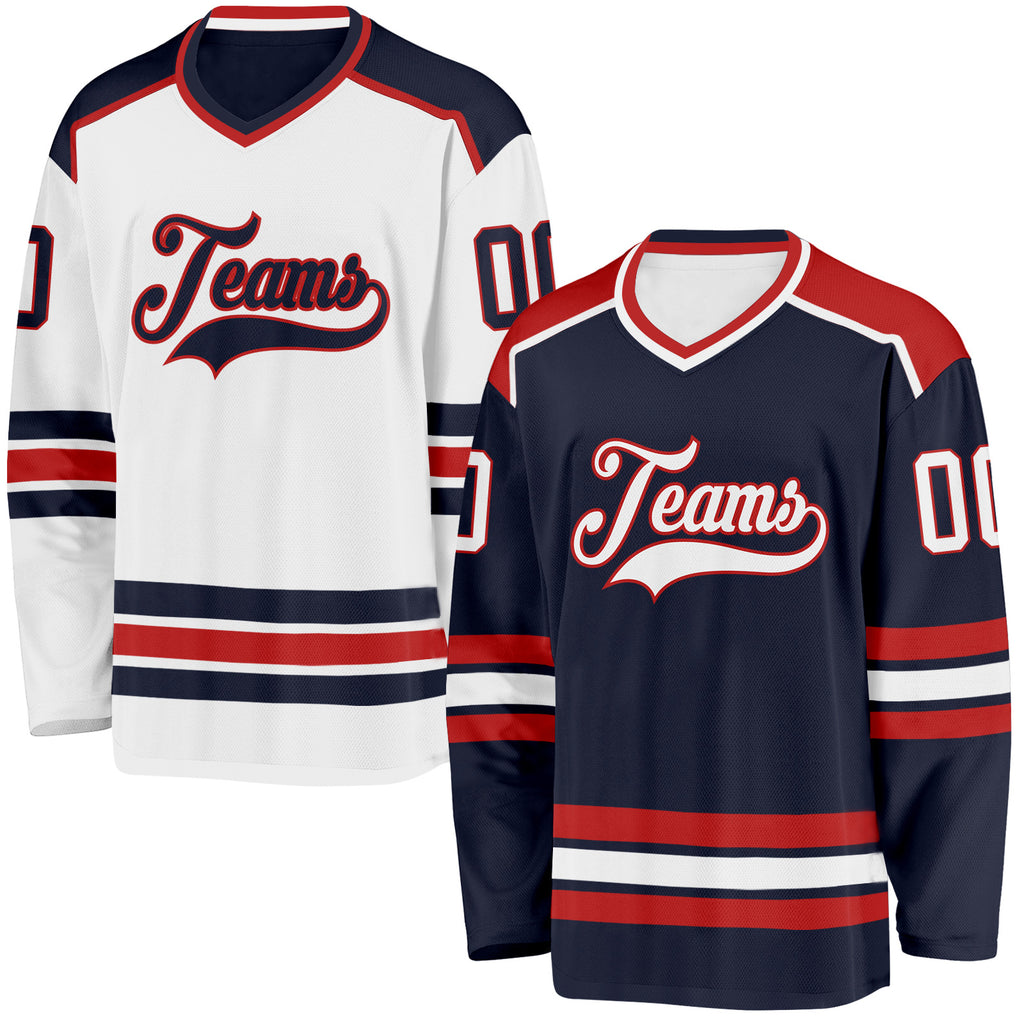 Custom Navy White-Red Reversible Double Side Hockey Jersey