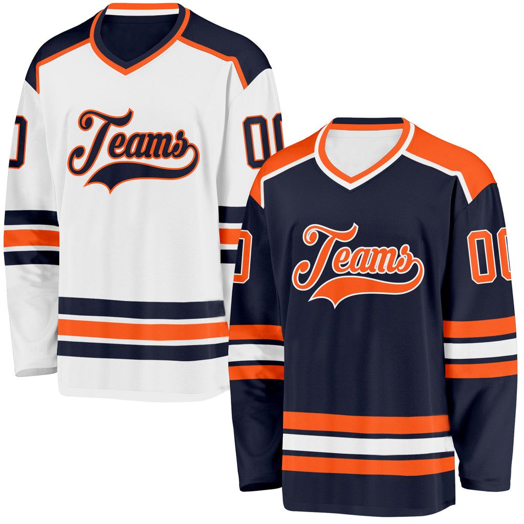 Custom Navy Orange-White Reversible Double Side Hockey Jersey