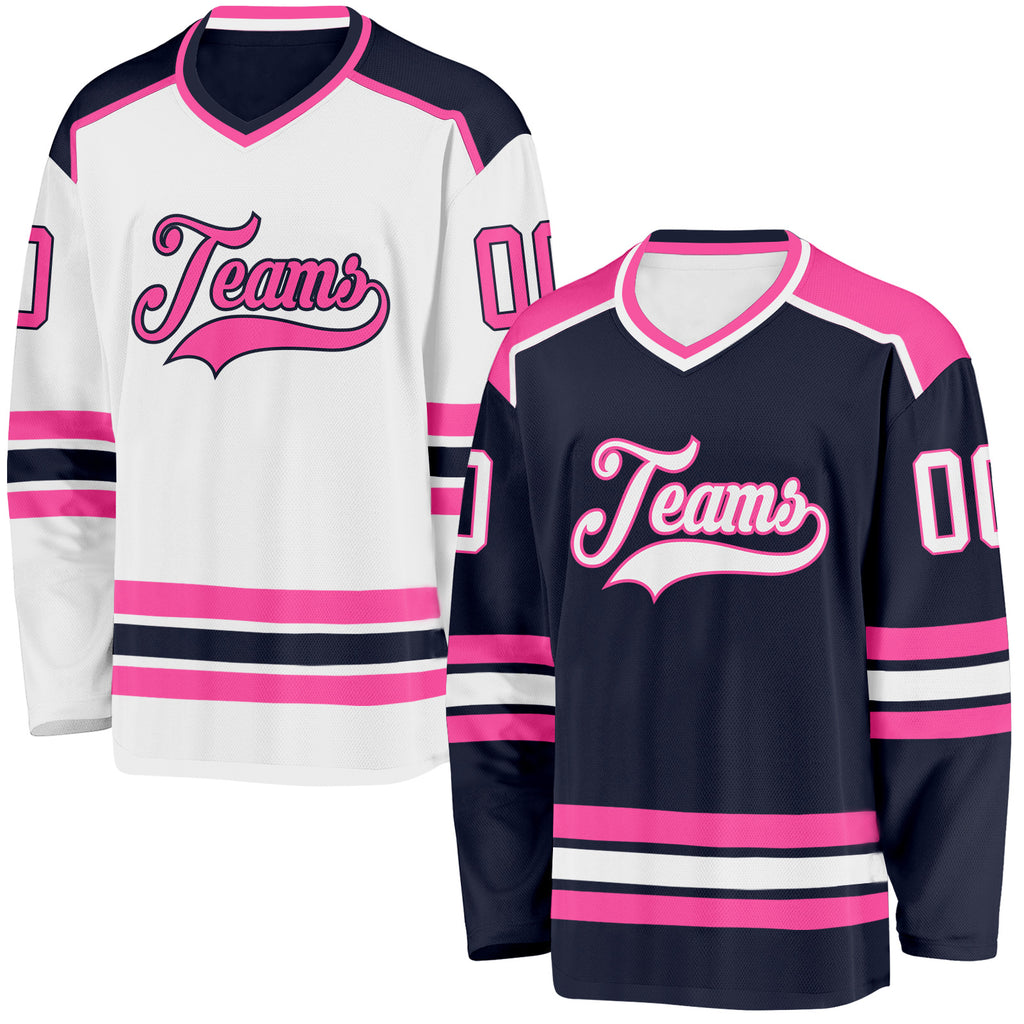 Custom Navy White-Pink Reversible Double Side Hockey Jersey