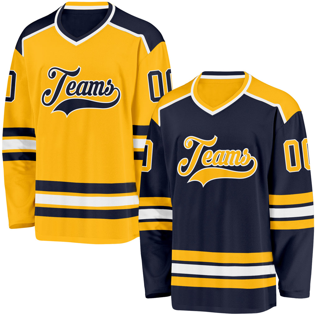 Custom Navy Gold-White Reversible Double Side Hockey Jersey