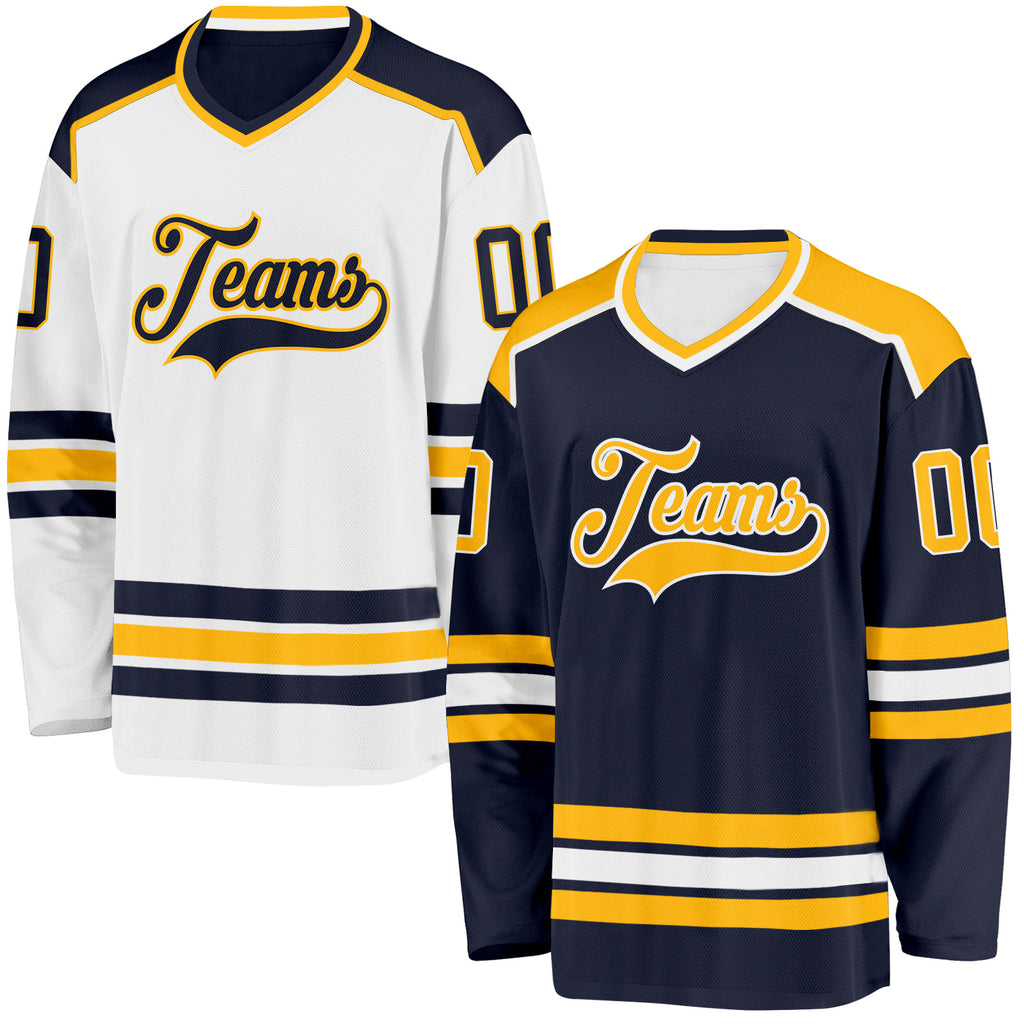 Custom Navy Gold-White Reversible Double Side Hockey Jersey
