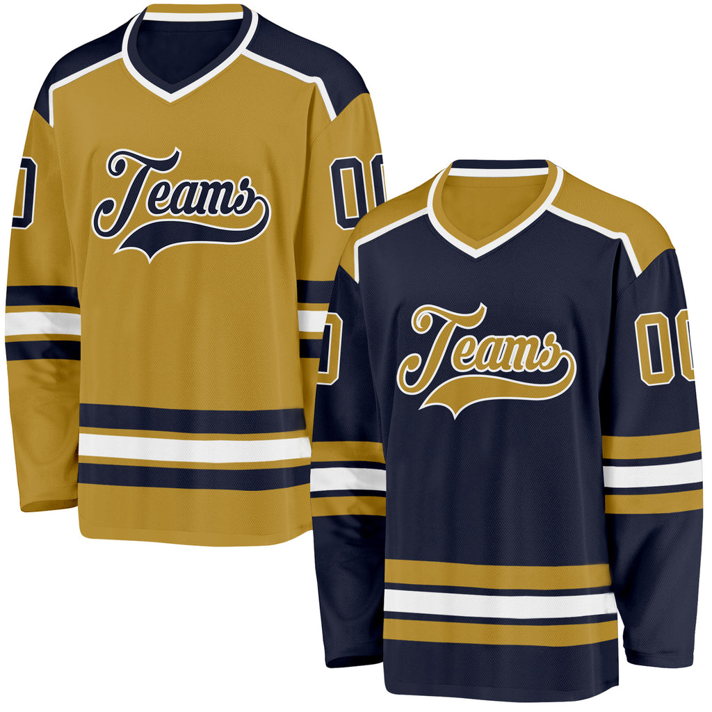 Custom Navy Old Gold-White Reversible Double Side Hockey Jersey