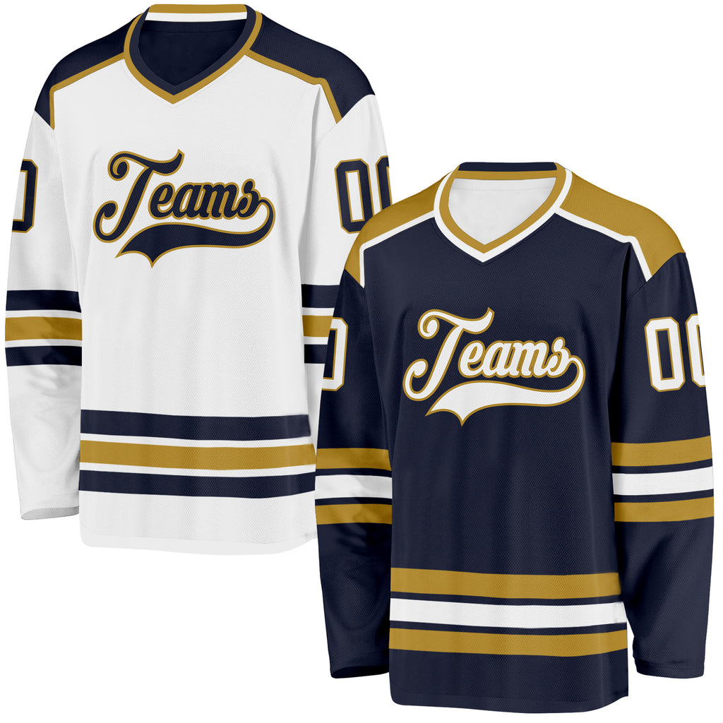Custom Navy White-Old Gold Reversible Double Side Hockey Jersey