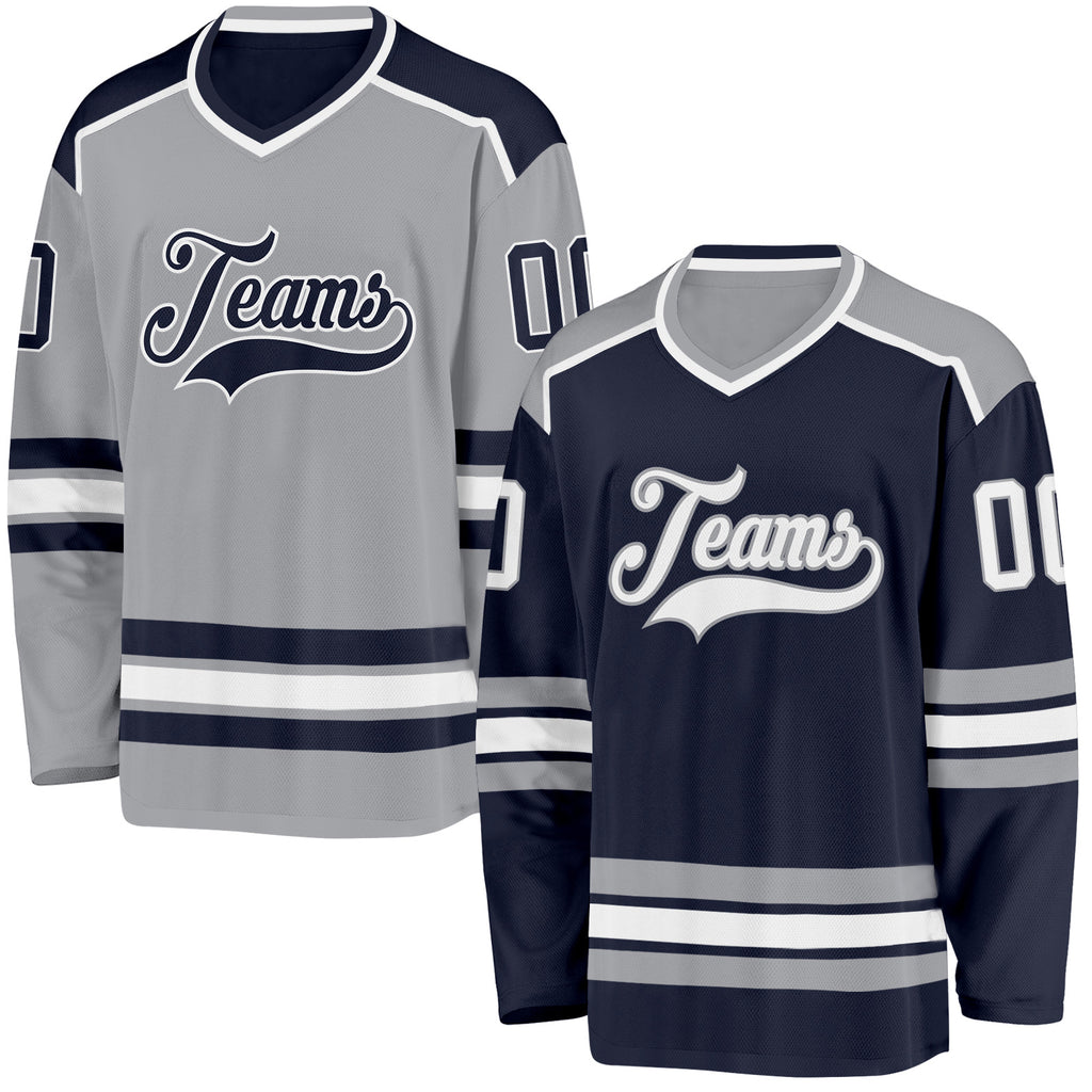 Custom Navy White-Gray Reversible Double Side Hockey Jersey