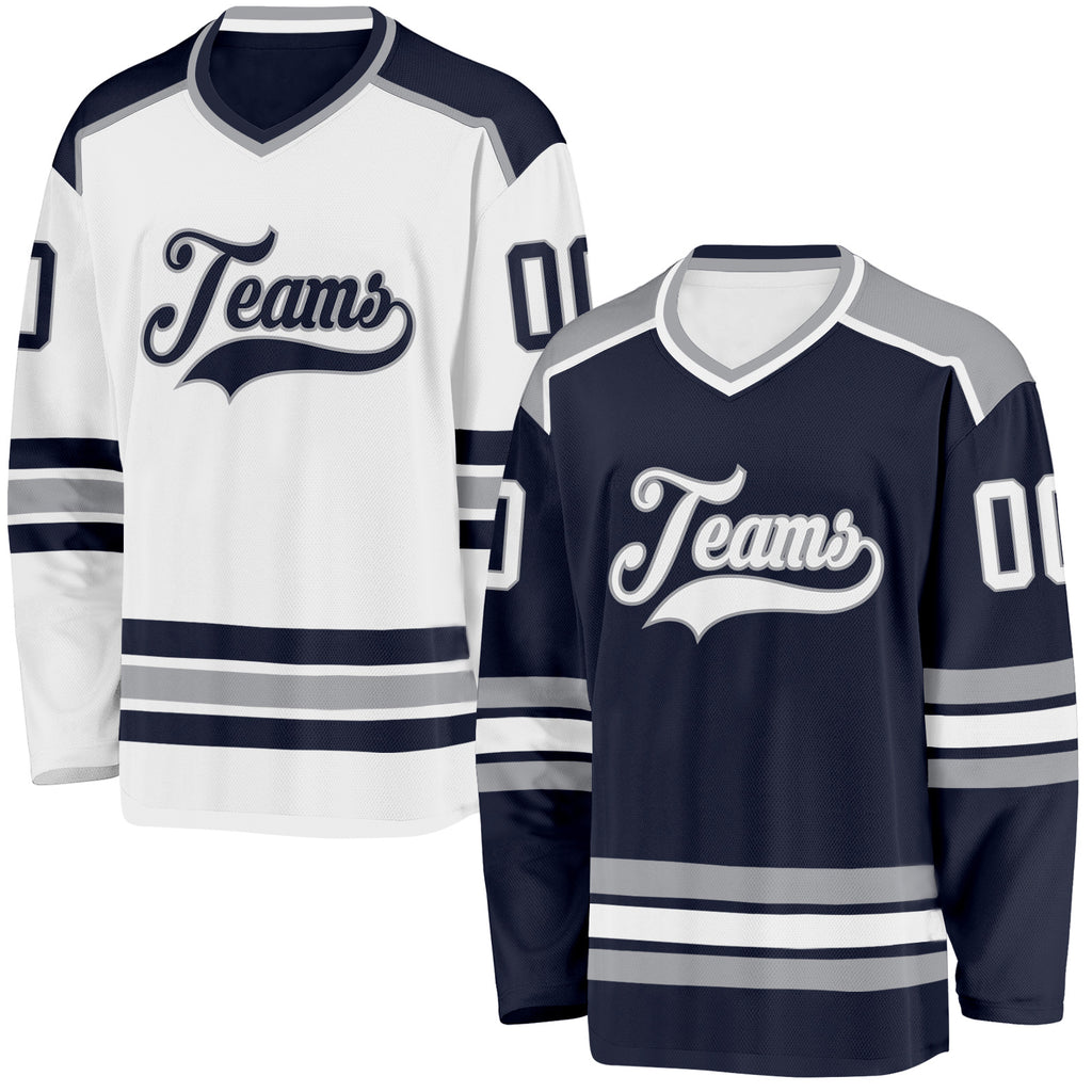 Custom Navy White-Gray Reversible Double Side Hockey Jersey