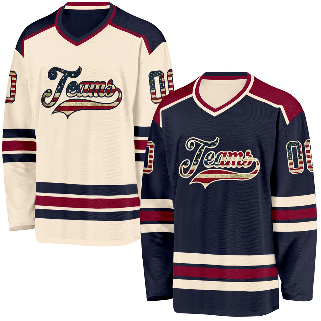 Custom Navy Vintage USA Flag Cream-Maroon Reversible Double Side Hockey Jersey