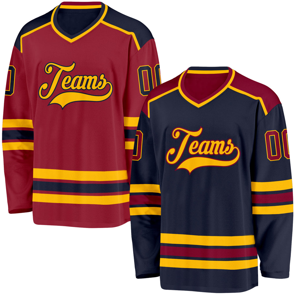 Custom Navy Maroon-Gold Reversible Double Side Hockey Jersey