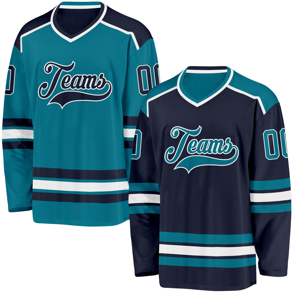 Custom Navy Teal-White Reversible Double Side Hockey Jersey