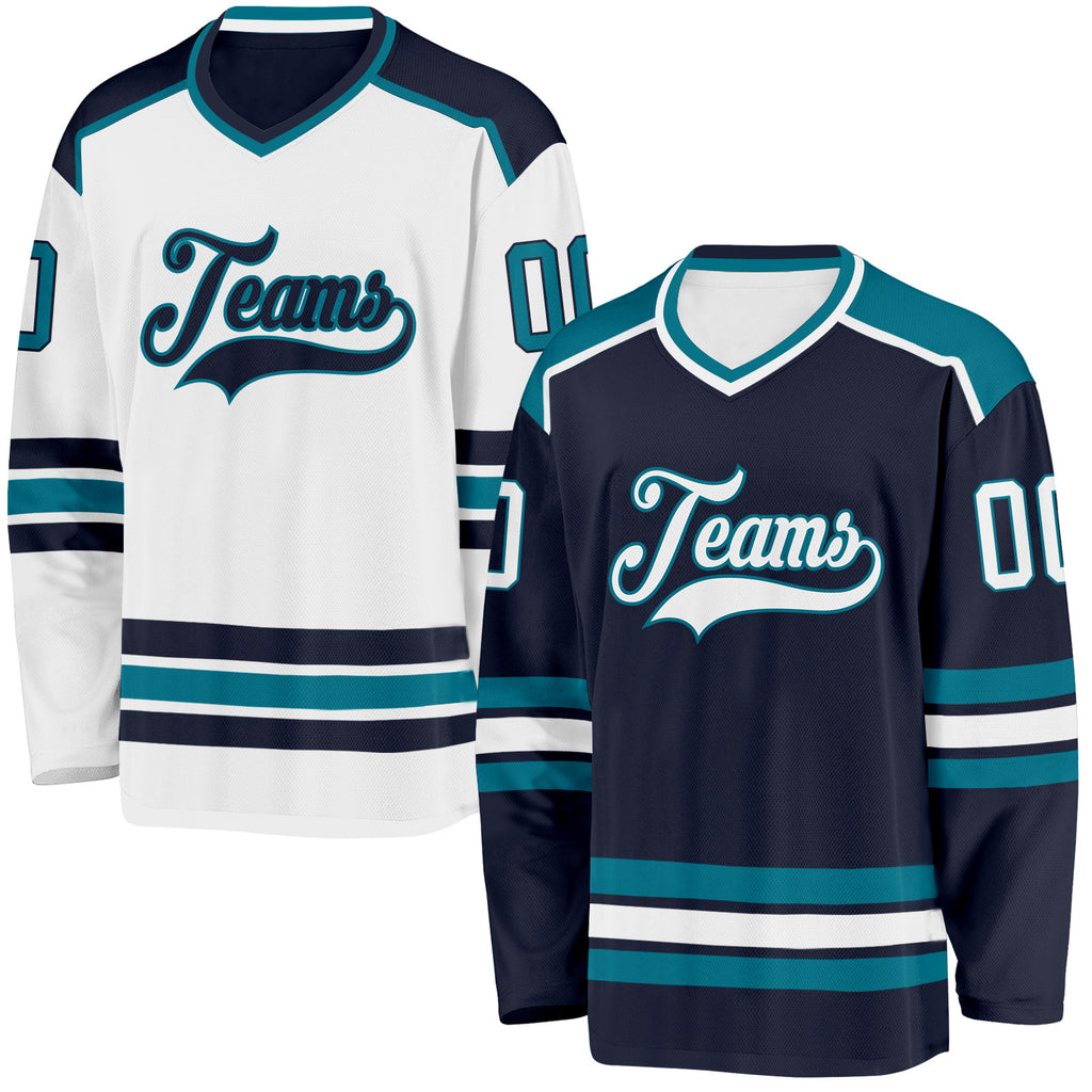 Custom Navy White-Teal Reversible Double Side Hockey Jersey