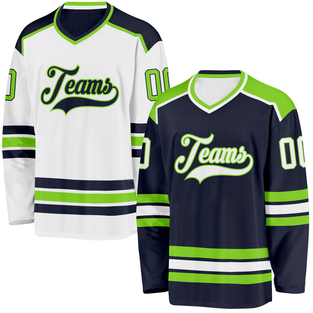 Custom Navy White-Neon Green Reversible Double Side Hockey Jersey